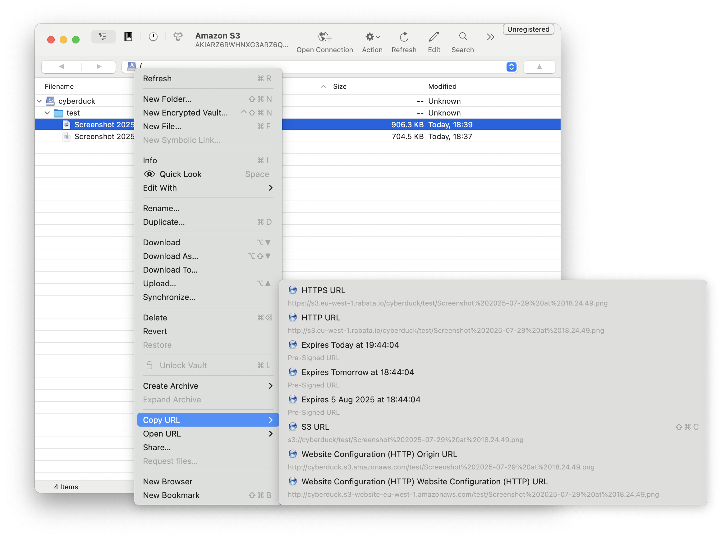 Cyberduck Copy URL Screenshot