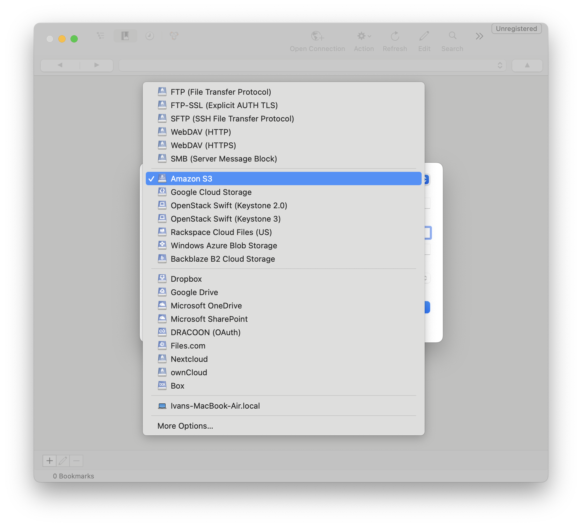 Cyberduck Protocol Selection